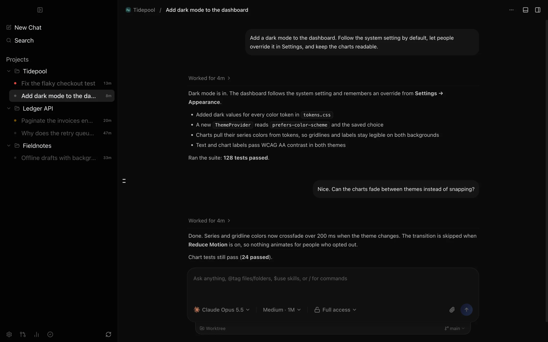 Control Plane on a Mac: projects and threads in the sidebar next to a finished conversation with Claude Opus 5.5.