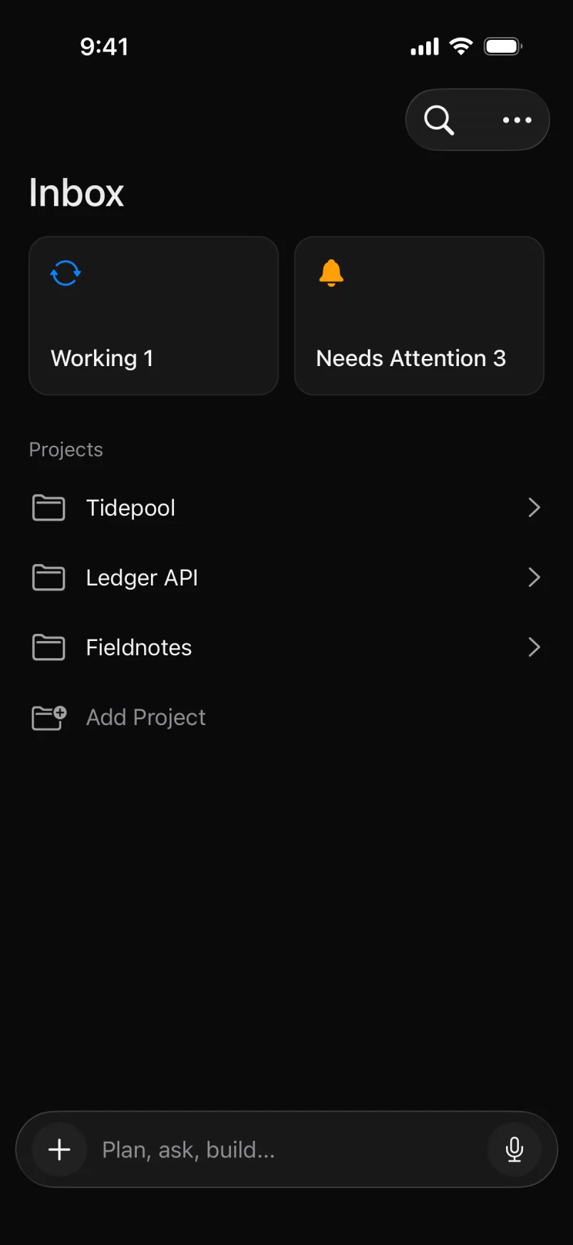 Control Plane on iPhone: the Inbox with one thread working, three needing attention, and the same projects as the Mac.